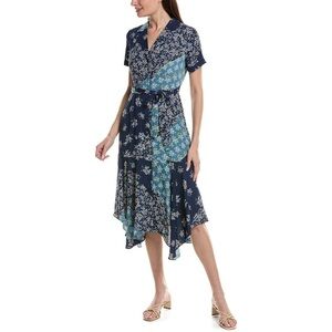 NWT Nanette Lepore Navy Floral Button Front Midi Dress with Tie Waist